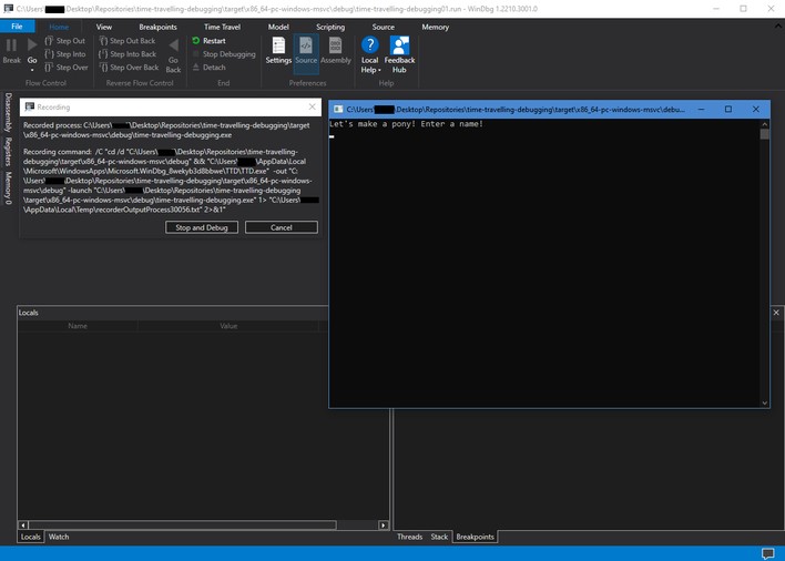 A screenshot of WinDbg (Preview) and the debugged Rust executable running side-by-side.